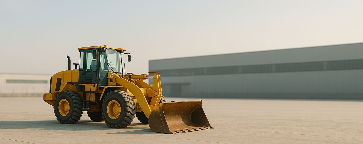 Excavadora frontal amarilla en un espacio industrial abierto